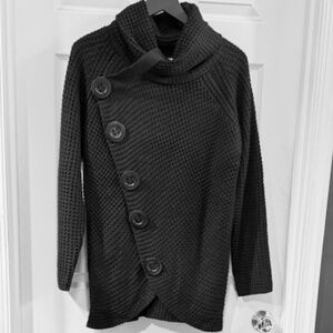 Chunky Black Turtleneck Long Sleeve Asymmetric Hem Loose Knit Pullover Sweater